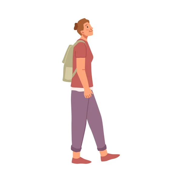 Mujer Joven Con Mochila Caminando Tela Casual Personaje Dibujos Animados — Vector de stock