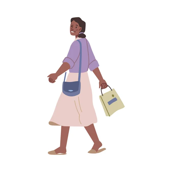 Young Afro American Woman Casual Cloth Walking Sack Shopping Bag —  Vetores de Stock