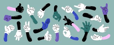 Abstract doodle funny comic gloved hands cartoon set. Vector fingers different gestures, comic arms counting, thumb gesturing illustration. Personage hand gesture