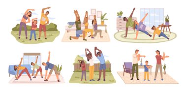 Ebeveynler ve çocuklar fiziksel olarak vücut geliştiriyorlar, anne ve babalarını izole edip egzersiz yapıyorlar. Kızları ve oğulları olan kadın ve erkekleri çalıştırmak. Düz çizgi film, düz stil vektör