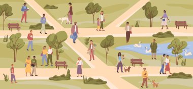 People walk in park, man and woman walking on nature and spend leisure time. Vector urban park with happy adults, guy with dog, pond with swimming swans