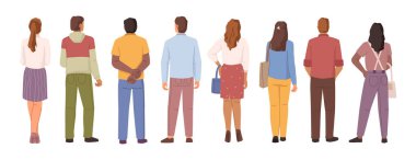 Karikatür karakterlerinin beyaza dönük arka plandaki kadın ve erkek görüntüsü. Genç insan çeşitliliği, ayakta duran insanlar, işadamları ve işçiler, öğrenciler ve işverenler