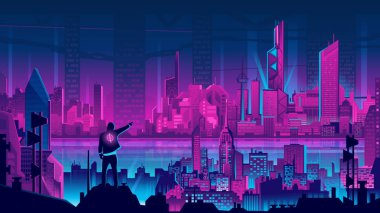 Future digital technology metaverse, colorful background. Futuristic night cityscape on neon skyline with glowing pink light. Cyberpunk and retro wave style, vector illustration of highway