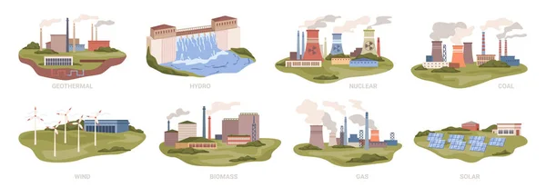 Sustainable Renewable Sources Energy Isolated Power Plants Solar Nuclear Station — Archivo Imágenes Vectoriales