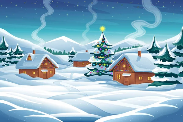 Zima Boże Narodzenie Krajobraz Wektor Tło Pokryte Śniegiem Wzgórza Domy — Wektor stockowy