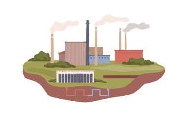 Hava kirliliği yaratan enerji santrali, teknoloji endüstrisi fabrikası, nükleer toksik kuleler. Endüstriyel kulelerin ve duman emisyonunun vektör düz çizimi