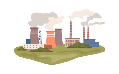 Power plant with smog and smoke from pipes, air pollution concept. Flat cartoon, vector in flat style of industrial nuclear station producing energy and electricity. Factory or manufacturer
