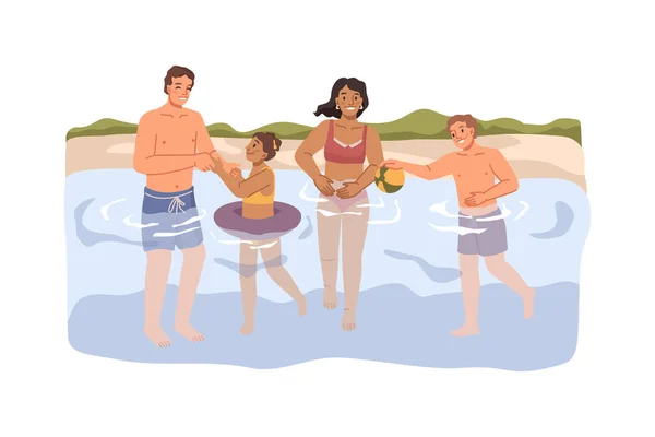 Parents Kids Swim Together River Flat Cartoon Characters Play Outdoors —  Vetores de Stock