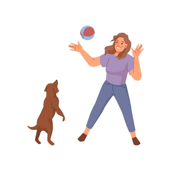 Female Character Playing Pet Woman Tossing Ball Canine Animal Girl — стоковый вектор