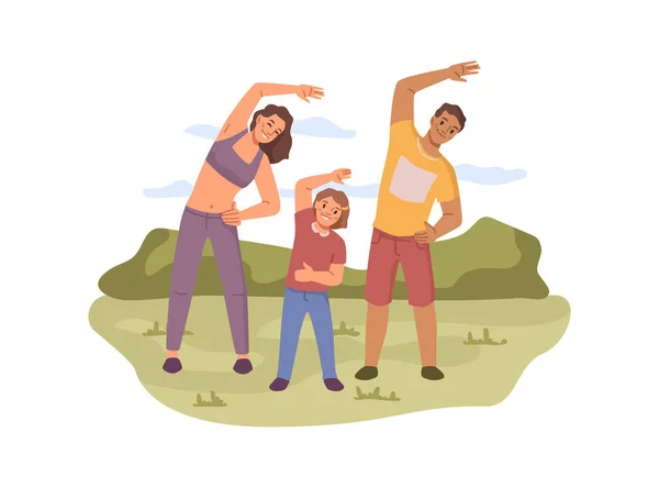Family Doing Gymnastics Together Outdoors Vector Kid Parent Exercising Park — Stockový vektor