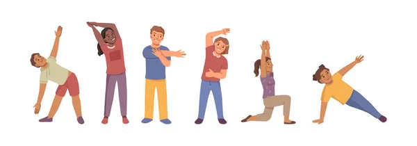 Kids Parents Doing Exercises Together Isolated Flat Cartoon Characters Set — 스톡 벡터