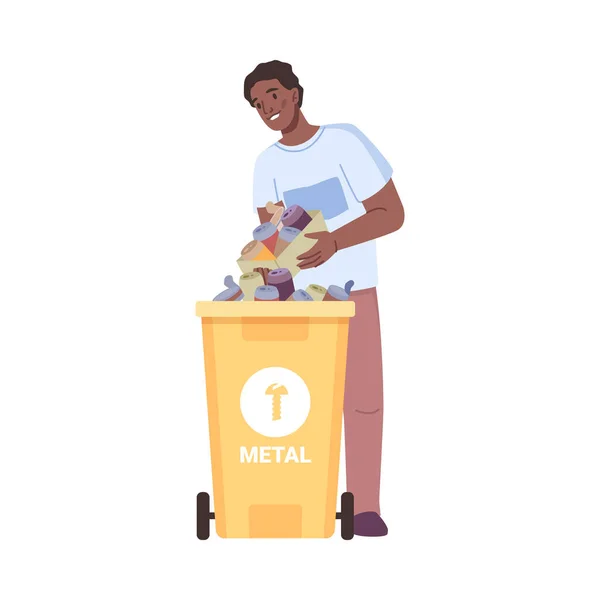 Separation Sorting Metal Cans Isolated Male Character Throwing Garbage Recycling — Image vectorielle