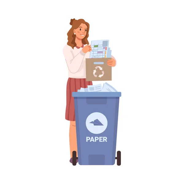 Děvče Oddělující Třídějící Odpadkový Papír Koši Recyklaci Nesmysl Ekologická Udržitelnost — Stockový vektor