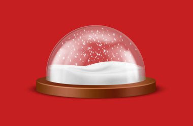 Glass sphere, decorative round Xmas toy, transparent glass dome with snow inside. Vector illustration of snow ball, realistic Christmas snow globe, 3D New Year souvenir with white snowflakes