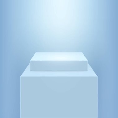 Meydan gerçekçi 3D podyum mavi renkli, sahne platformu. Vektör showroom vakfı, blok küp sergisi. Galeri veya kozmetik dükkanında sahne, boş kare bloklar platformu