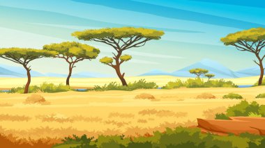 African savannah landscape with green trees, and plain grassland field under blue clear sky, river and jungle plants. Kenya panoramic view, mountains and skyline, wild nature