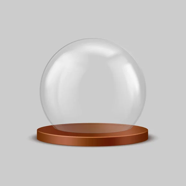 Transparent Glass Dome Wooden Tray Realistic Design Exhibition Display Spherical — ストックベクタ
