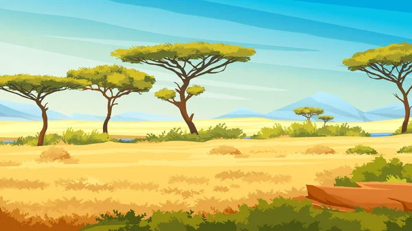 Yeşil ağaçlı Afrika savanası manzarası ve açık mavi gökyüzü, nehir ve orman bitkilerinin altında sade çayır arazisi. Kenya panoramik manzara, dağlar ve ufuk çizgisi, vahşi doğa