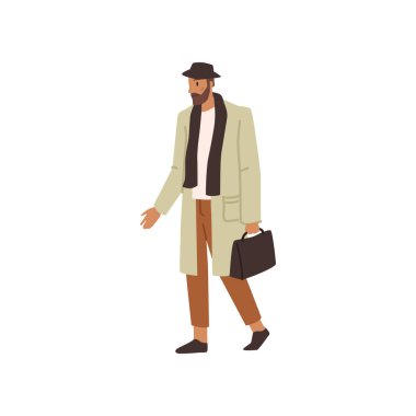 Businessman in fashion coat, scarf and hat standing with briefcase isolated flat cartoon character. Vector illustration of flat cartoon elegant guy in trendy outerwear, winter cloth