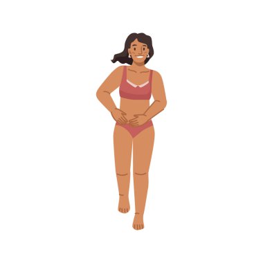 Female character wearing swimming suit, isolated woman in swimsuit bikini posing. Resort or rest by seaside, girl resting by sea. Flat cartoon, vector in flat style