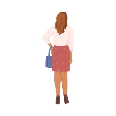 Woman in skirt back view, backside of young girl with sack or bag isolated flat cartoon character on white. Vector teenager or businesswoman, lady in skirt or dress, standing person