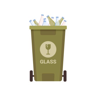 Green container for sorting glass garbage isolated waste bin for recycling wastes. Vector flat cartoon illustration of bucket on wheels for glass bottles and drinks