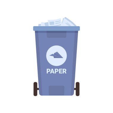 Container for sorting paper and cardboard garbage isolated blue waste bin for recycling wastes. Vector flat cartoon illustration of bucket on wheels for paper segregation