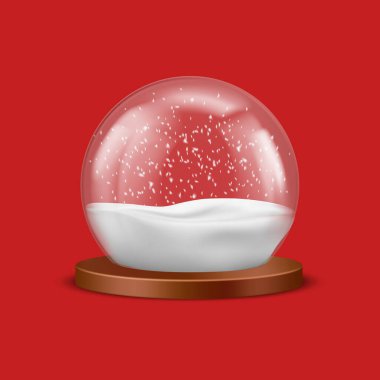 Christmas snow ball, realistic globe with snowfall inside on red background. 3D shiny souvenir with white snowflakes. Glass sphere, decorative round Xmas toy