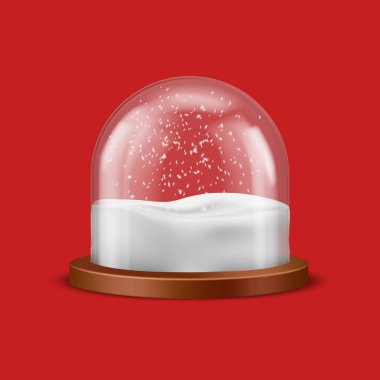 Christmas souvenir glass ball with snowflakes. Vector illustration of 3D realistic dome sphere, snow ball sphere of cylinder shape, decorative round Xmas toy, transparent glass dome