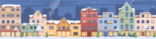Winter Cityscape Skyline Old Town Building Exterior Christmas Time Snowing — Vector de stock