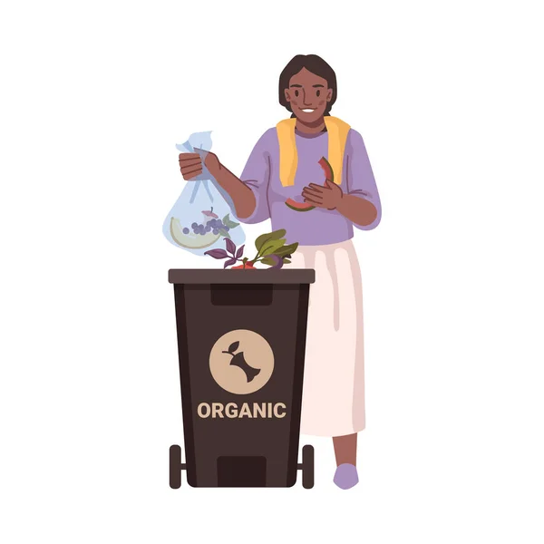 Organic Waste Sorting Separating Isolated Woman Throwing Meal Products Leftovers — Stockový vektor