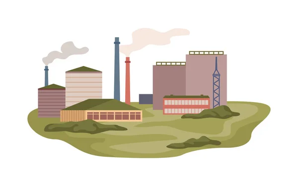 Industrial Factory Power Plant Tubes Polluting Air Green Grass Landscape — Vector de stock