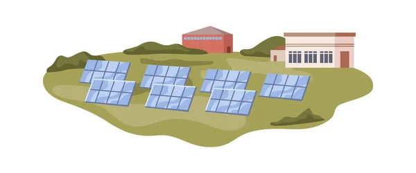 Solar Panels Power Station Green Landscape Houses Industrial Plant Vector — Vetor de Stock