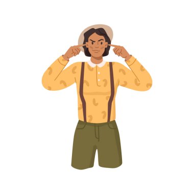 Irritated woman close ears by fingers, vector in flat cartoon style. Angry caucasian lady plugs ears by fingers, person does not want to hear or listen about problems