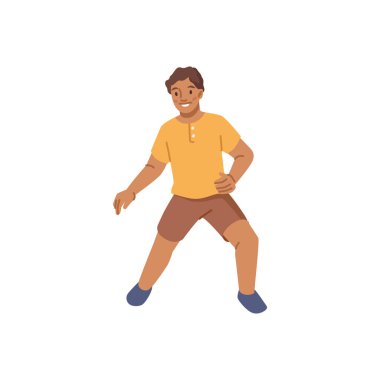 Smiling boy in summer shirt and shorts playing isolated flat cartoon character. Vector illustration of young man in casual clothing, portrait of little boy on vacation