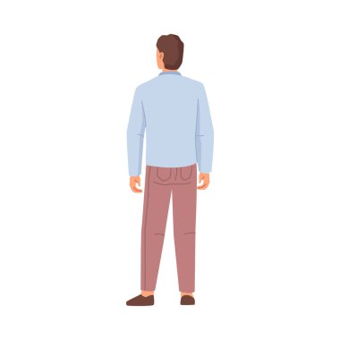 Figure of man view from behind, isolated flat cartoon character in casual cloth. Vector illustration of student or businessman in shirt and trousers, handsome human posing, back view