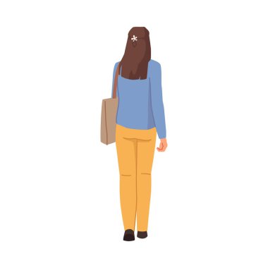 Brunette woman view from behind. Lady in casual cloth in blue blouse and yellow trousers with sack on shoulder. Vector illustration of attractive business woman view from back