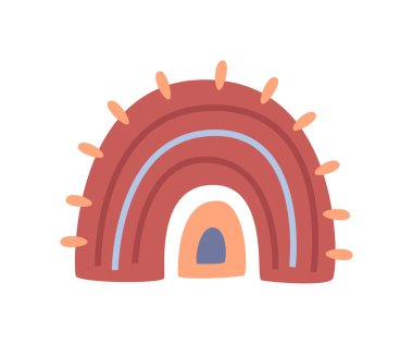 Rainbow cartoon, childlike drawing. Vector in flat style, heart and flower in blossom, blooming and flourishing of plant, bright sun and rain, rainy weather