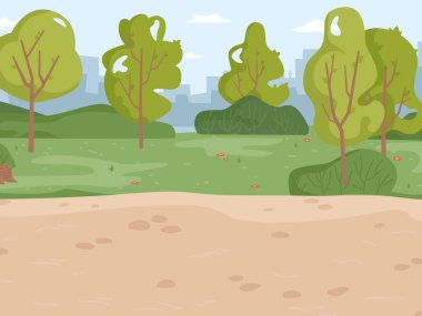 Landscape park, green trees and grass scenery background. Vector ecology clean nature, bushes and blue sky. Summertime forest panorama, lawn