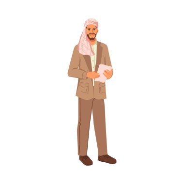 Modern muslim businessman in hijab or headscarf isolated flat cartoon people. Vector arabian business man in national and casual cloth, entrepreneurs from middle east, uae citizen, successful guy
