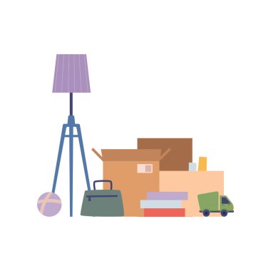 Packed cardboard boxes with personal stuff, plants, home decoration and furniture isolated flat cartoon of pack with things. Vector relocation or moving in home or office, belongings in packages