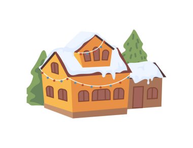 Christmas New Year winter village landscape element flat cartoon design icon. Vector cottage house and snow, fur trees and bushes, chalet decorated by garlands
