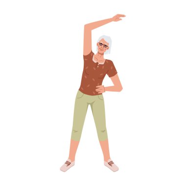 Cartoon old person training stretching hand aside, yoga fitness classes. Vector flat cartoon personage doing sport exercises, sportsman training workout. Healthy lifestyle wellness wellbeing