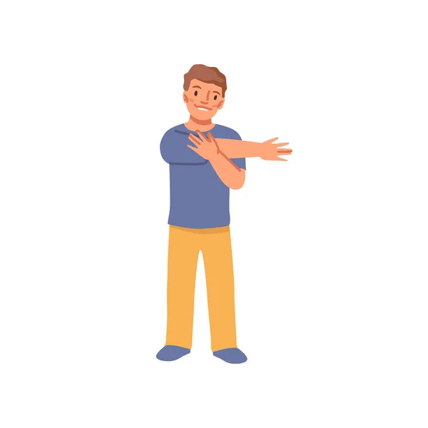 Young Boy Doing Sport Activities Stretching Hand Smile Vector Small — ストックベクタ