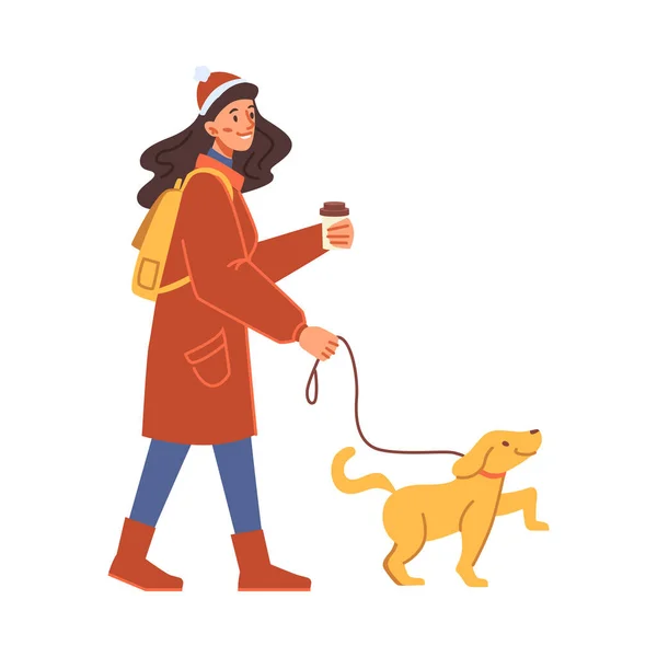 Woman Winter Cloth Walking Dog Drink Coffee Vector Flat Cartoon —  Vetores de Stock