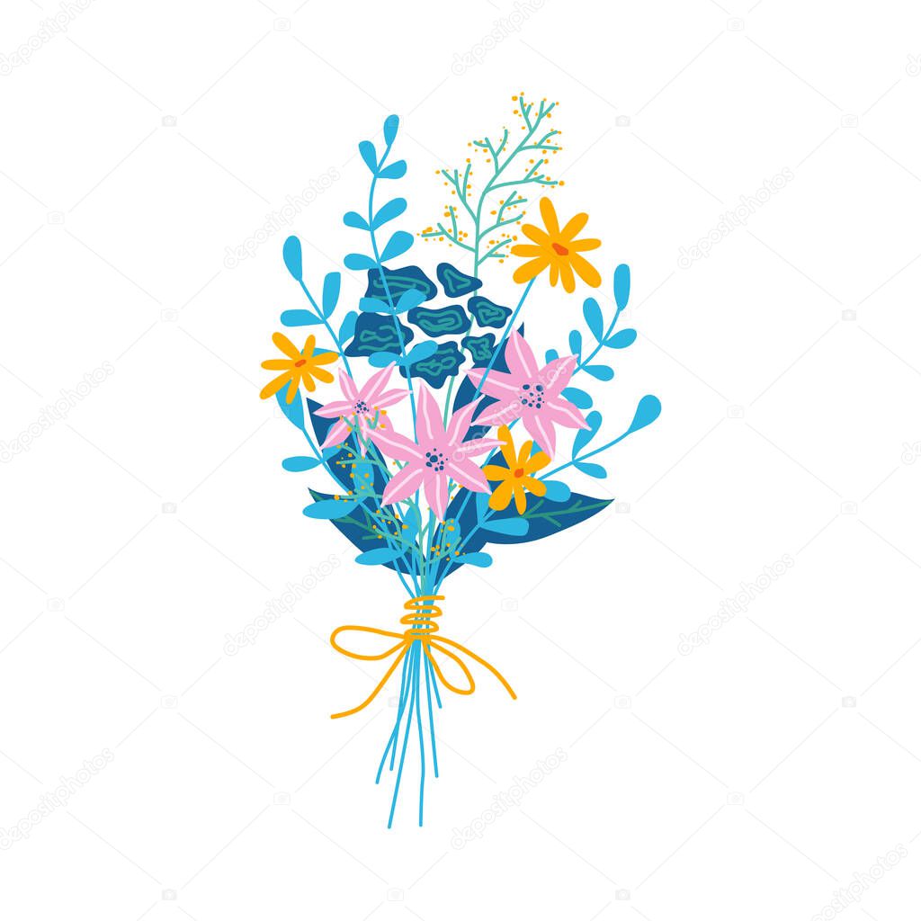 Floral composition in bouquet, isolated flowers in blossom. Botany and decoration. Decorative botany, flora and branches with petals and leaves, vector in flat cartoon style