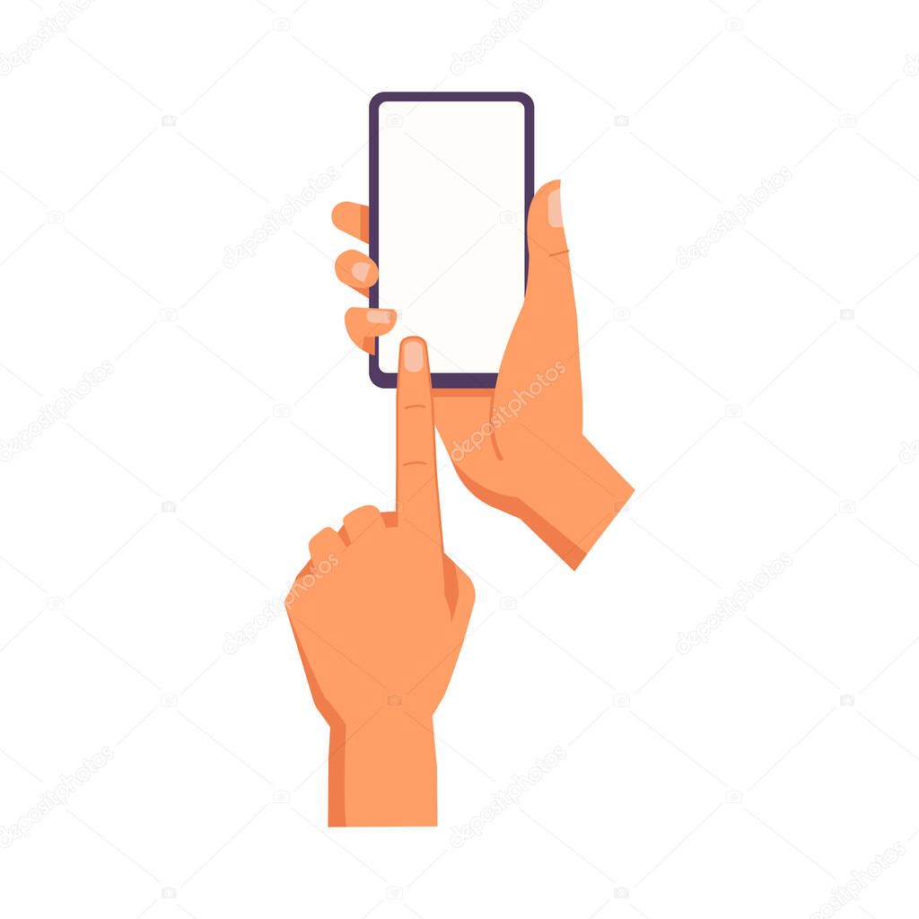 Hand holding smartphone. Vector icon of people hold smartphone or using touch gestures for mobile phone while reading. Press and point, pich and unpinch, rotate and swipe symbol. Digital device