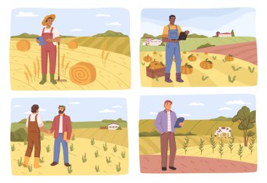 Farming and agricultural business, investors meeting farmers making deal. Harvest on field, management of export and sales. Vector in flat style, flat cartoon character