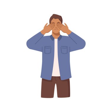 Man plugging both eyes with palms. Person feeling stress, shame or has headache. Disappointed and tired man covering eyes with hand showing facepalm gesture. Vector in flat cartoon style illustration