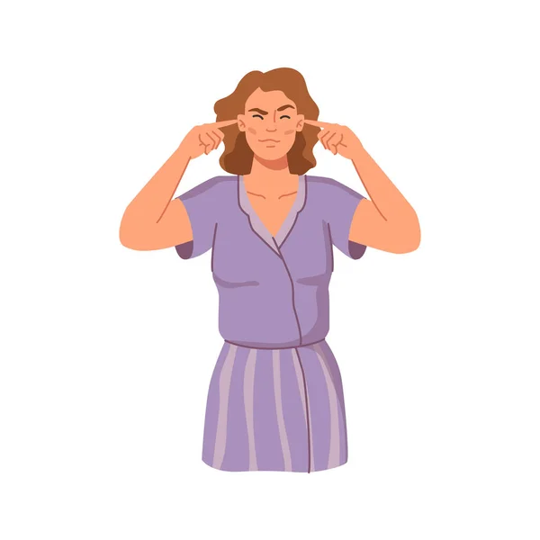 Cartoon Θυμωμένος Καυκάσιος Γυναίκα Βύσμα Αυτιά Δάχτυλα Πρόσωπο Δεν Θέλει — Διανυσματικό Αρχείο